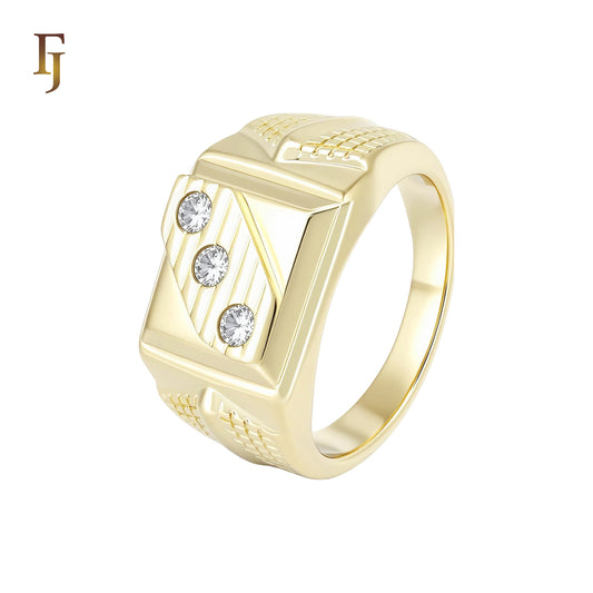 Triple slash white CZs 14K Gold Men's Rings