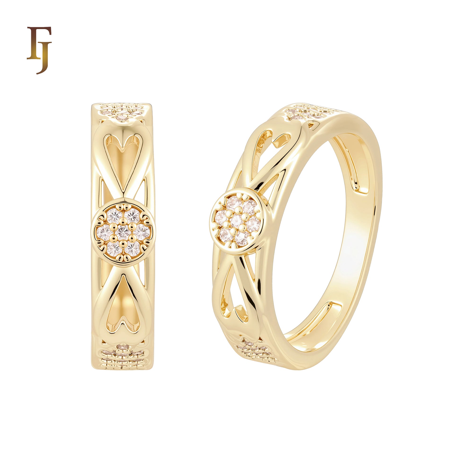 Double Heart with white CZs flower 14K Gold Wedding Set Rings