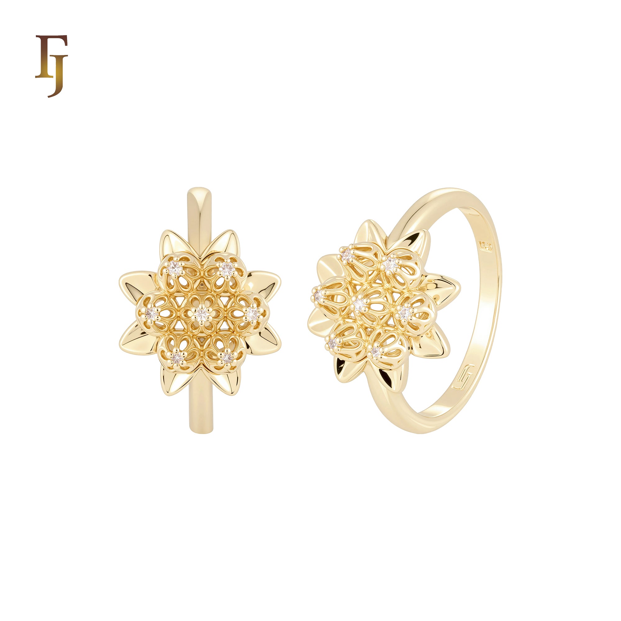 Cluster thousand flowers of white CZs 14K Gold Fashion Rings