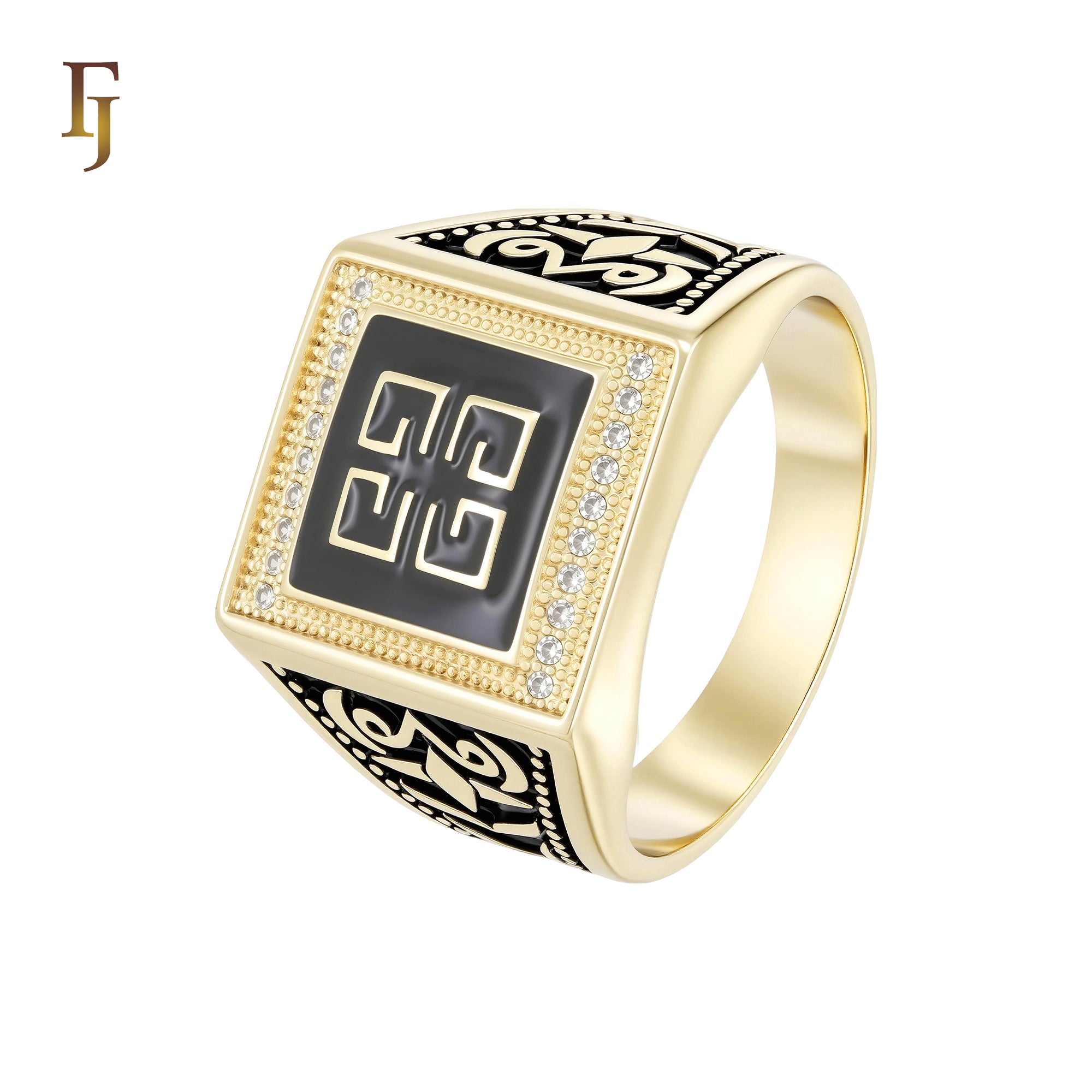 Black Enamel Geometric Square Signet Ring Cubic Zirconia 14K Gold Plated Hypoallergenic Tarnish Resistant Jewelry FJ Fallon Jewelry