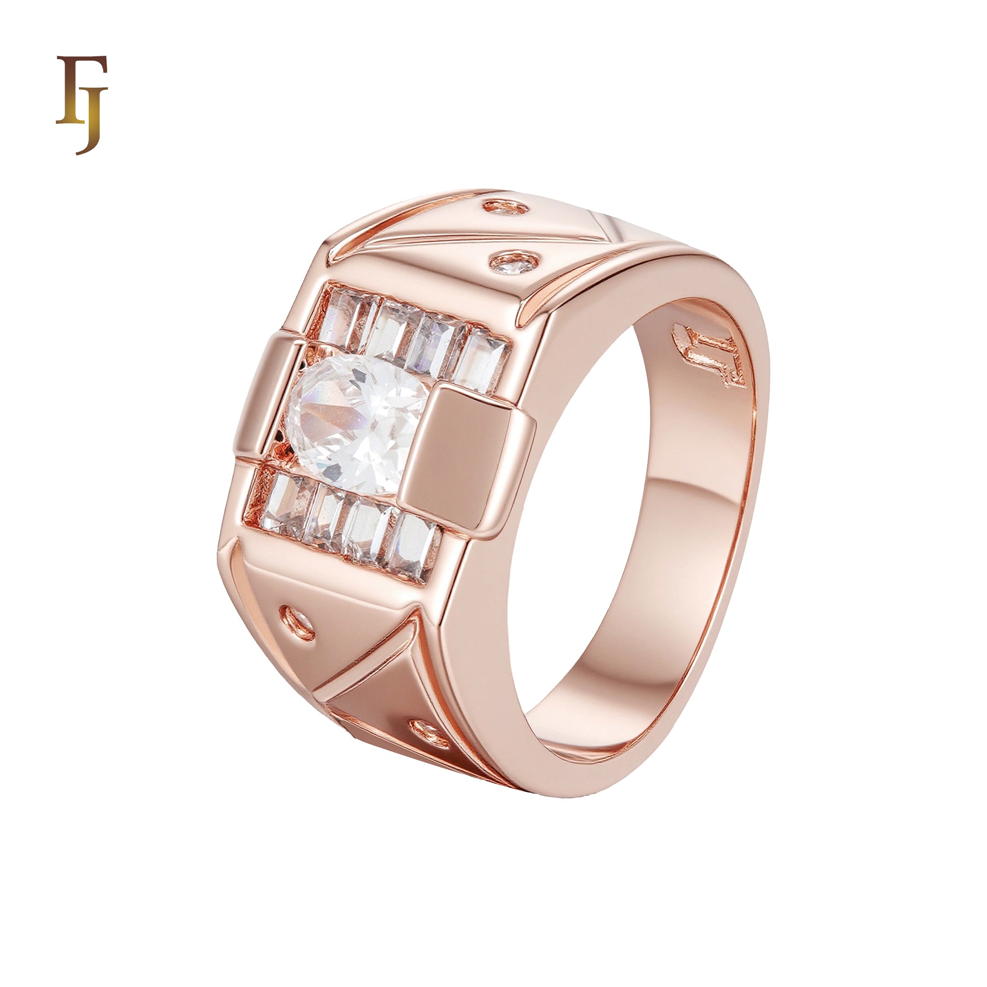 Cluster Baguette White CZs Rose Gold signet Men's Rings