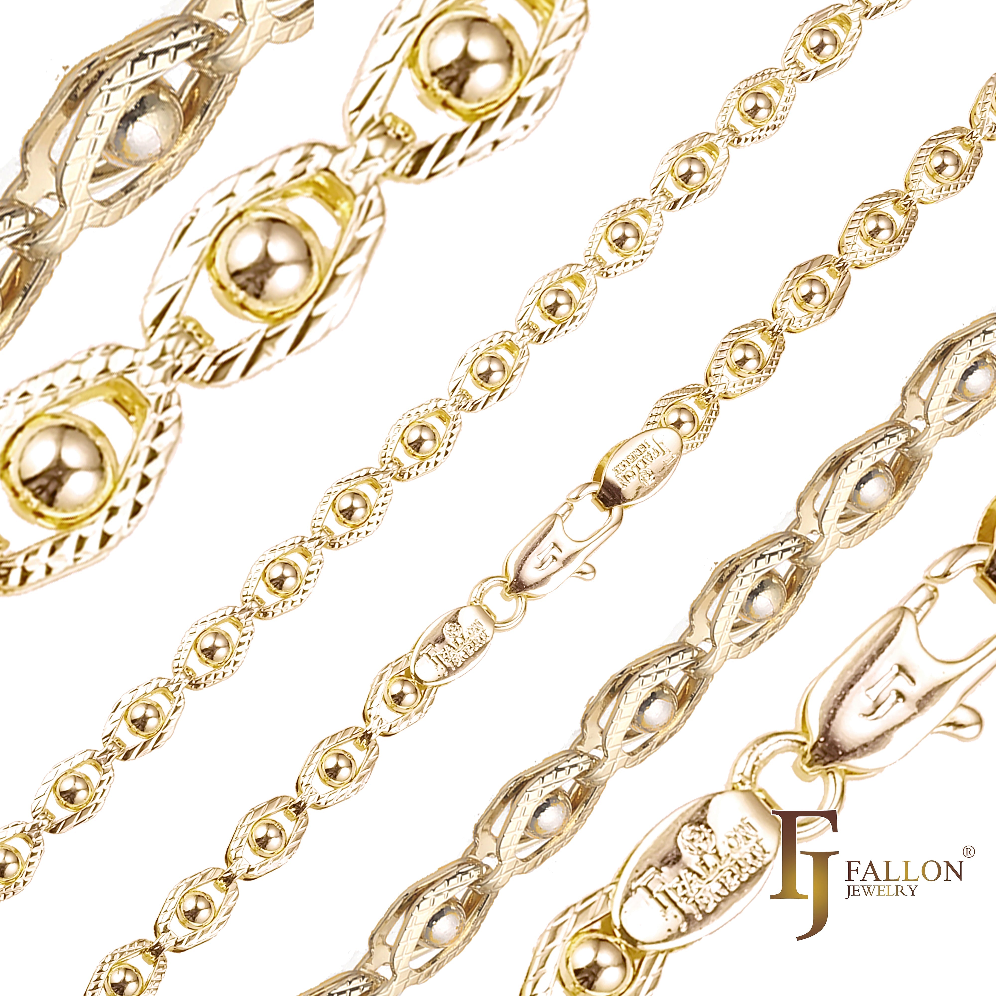 Eyes beads fancy link chains plated in 14K Gold, Rose Gold, two tone