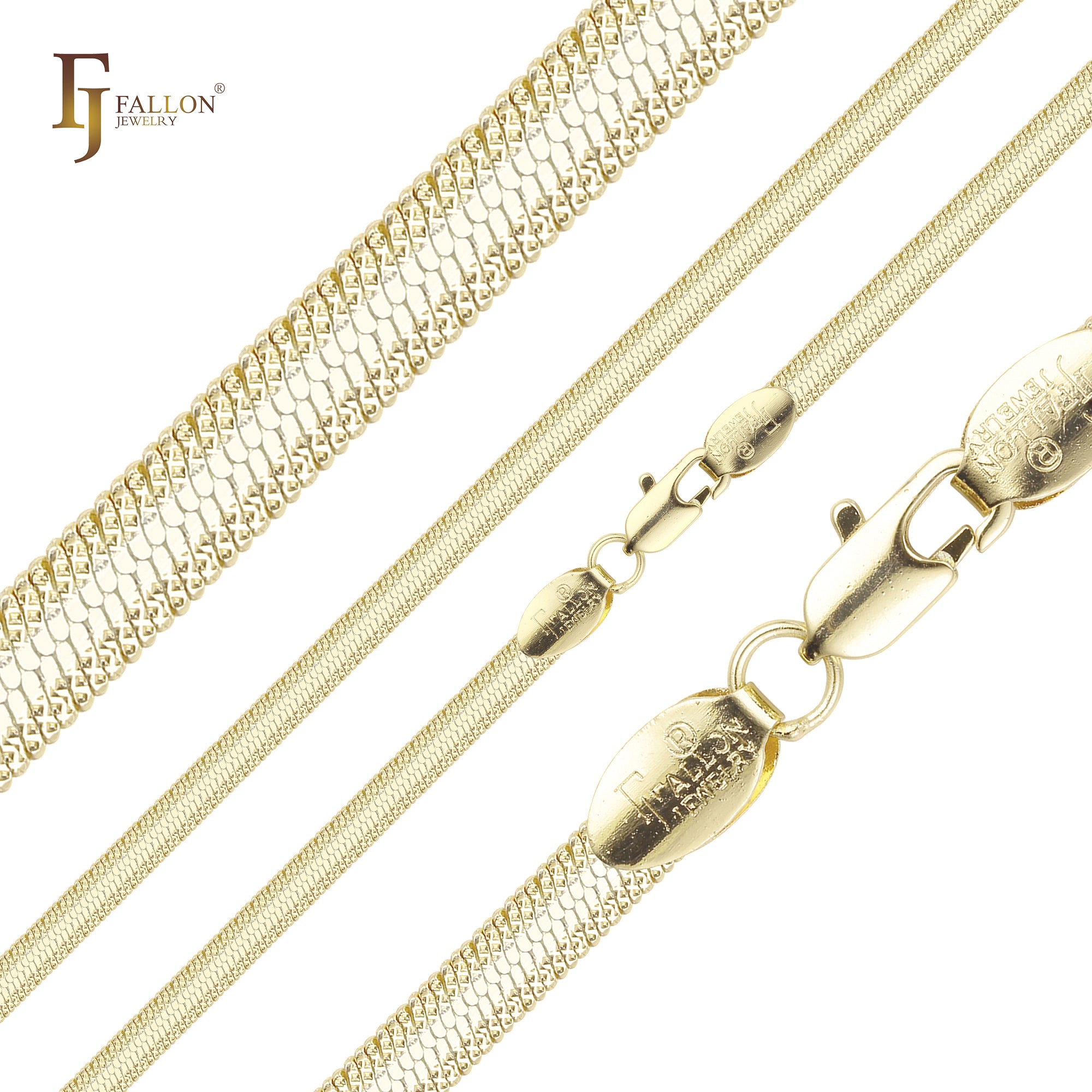 Flat Snake flank cross hammered chains plated in 14K Gold, Rose Gold, two tone