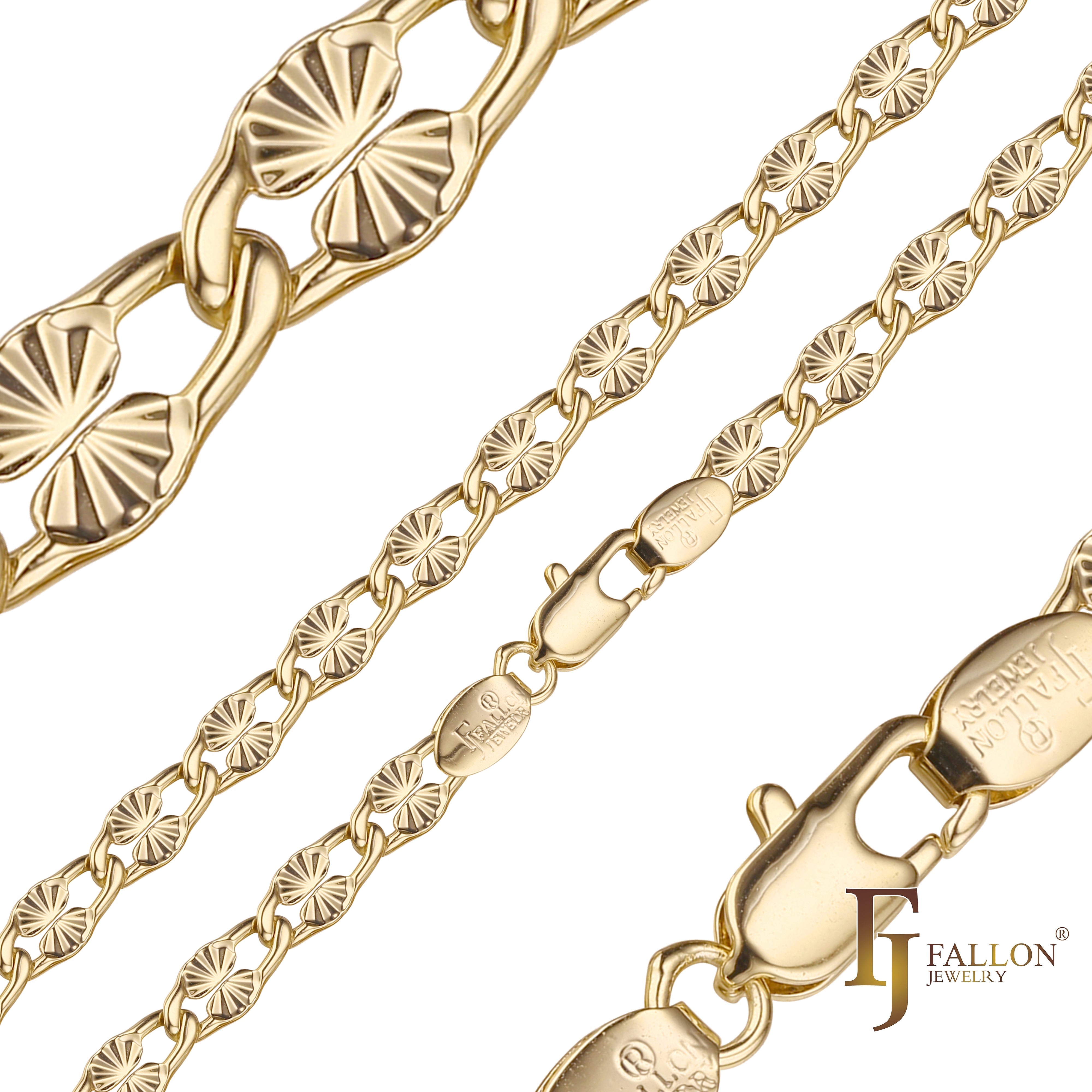 Cadenas de eslabones de lujo en oro de 14 quilates, oro rosa y oro blanco con clip ovalado con diseño de rayos de sol martillados.