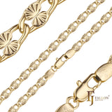Cadenas de eslabones de lujo en oro de 14 quilates, oro rosa y oro blanco con clip ovalado con diseño de rayos de sol martillados.