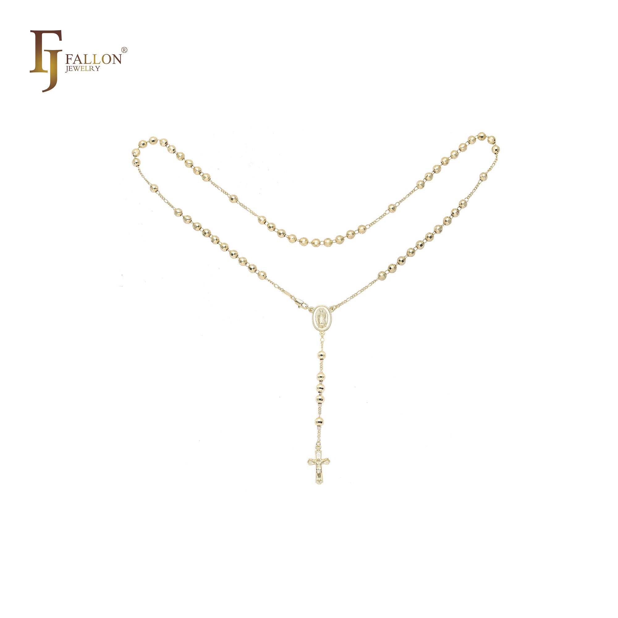 Italian Virgin of Guadalupe Catholic Rosary Necklace (Faceted Disco Beads) plated in 14K Gold, 14K Gold two tone