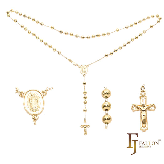 Italian Virgin of Guadalupe Catholic Rosary Necklace (Corrugated Round Beads) plated in 14K Gold, 14K Gold two tone