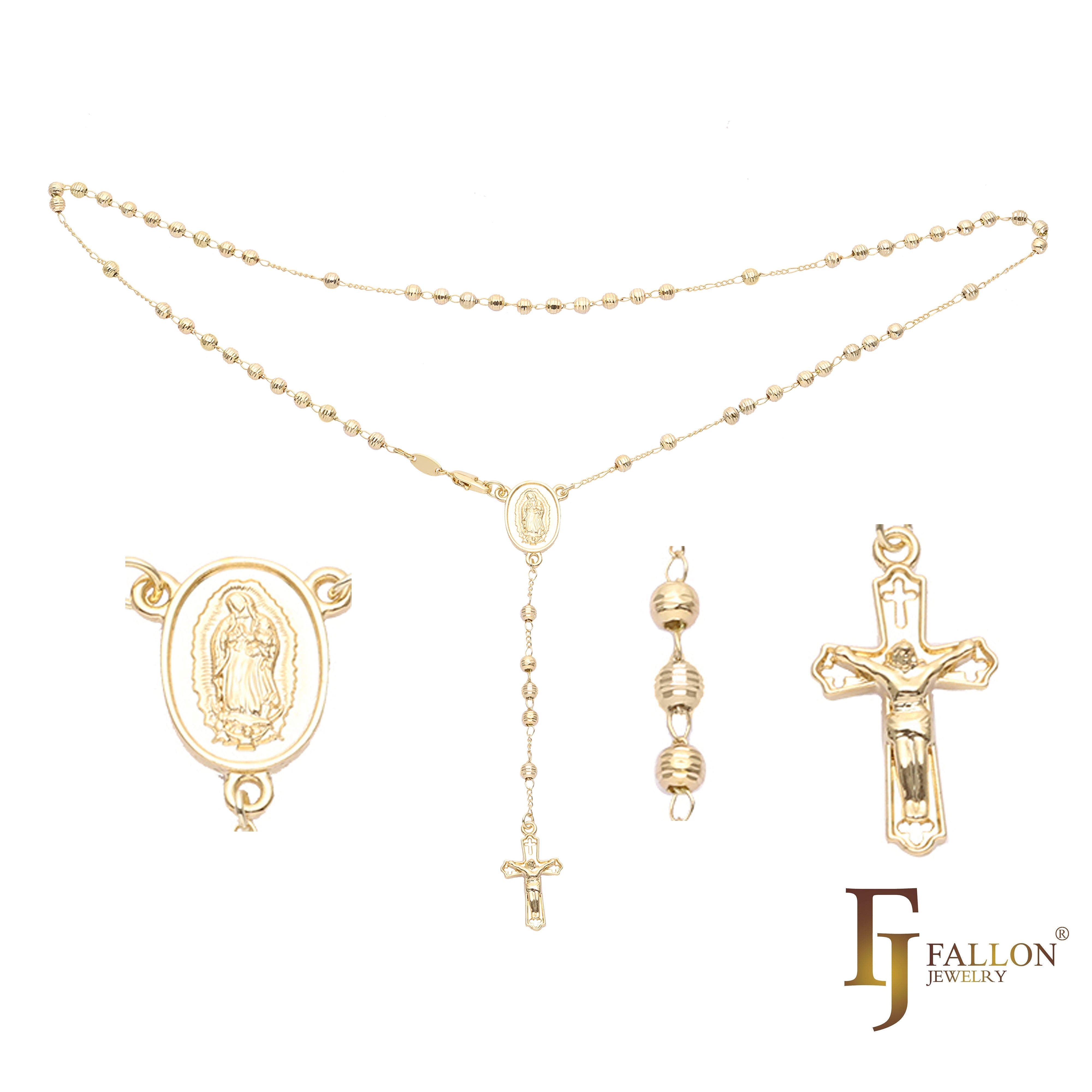 Italian Virgin of Guadalupe Catholic Rosary Necklace (Grooved Beads) plated in 14K Gold two tone