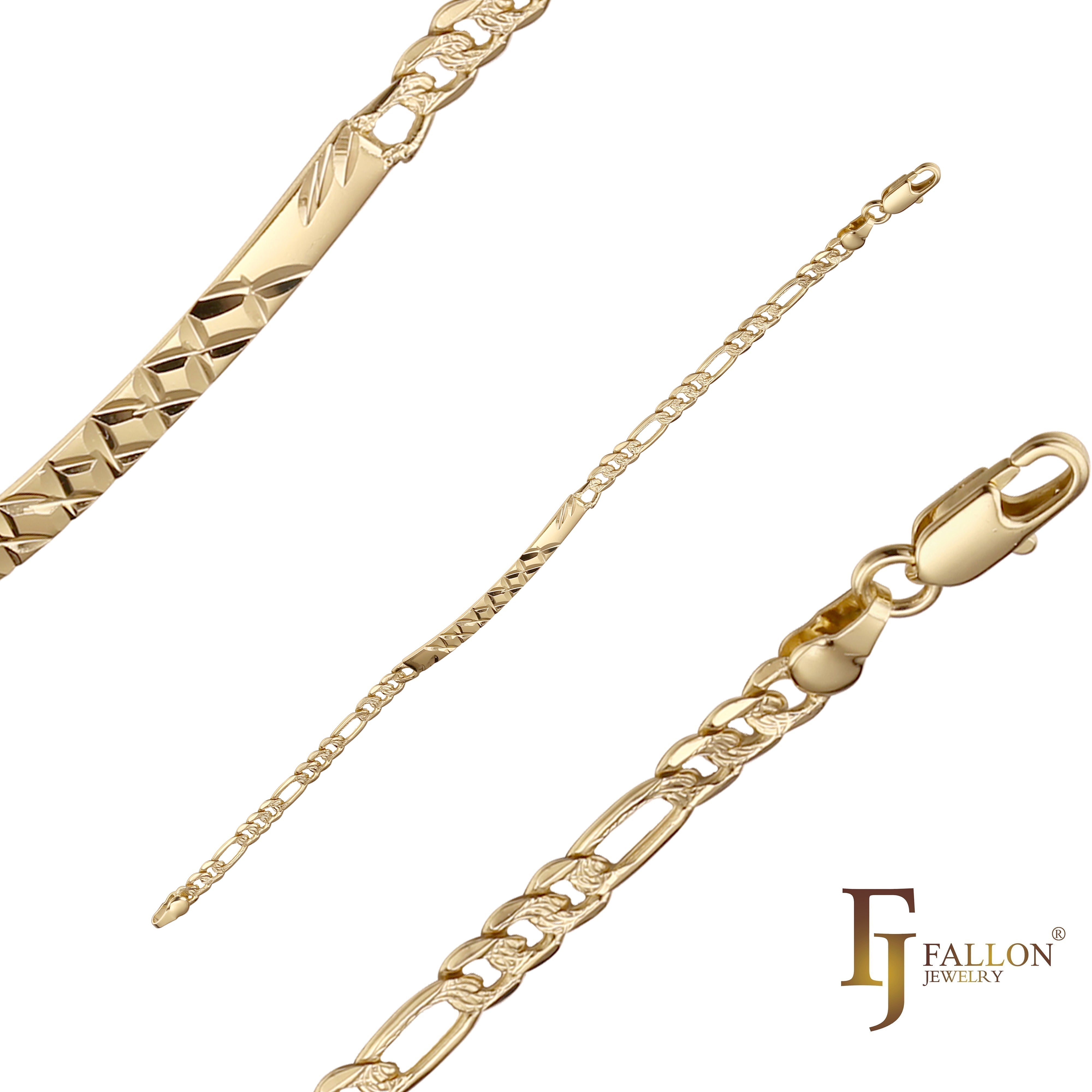 Figaro link Oro de 14 quilates, pulseras de identificación de trébol para hombre martilladas onduladas en dos tonos