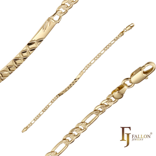 Figaro link Oro de 14 quilates, pulseras de identificación de trébol para hombre martilladas onduladas en dos tonos