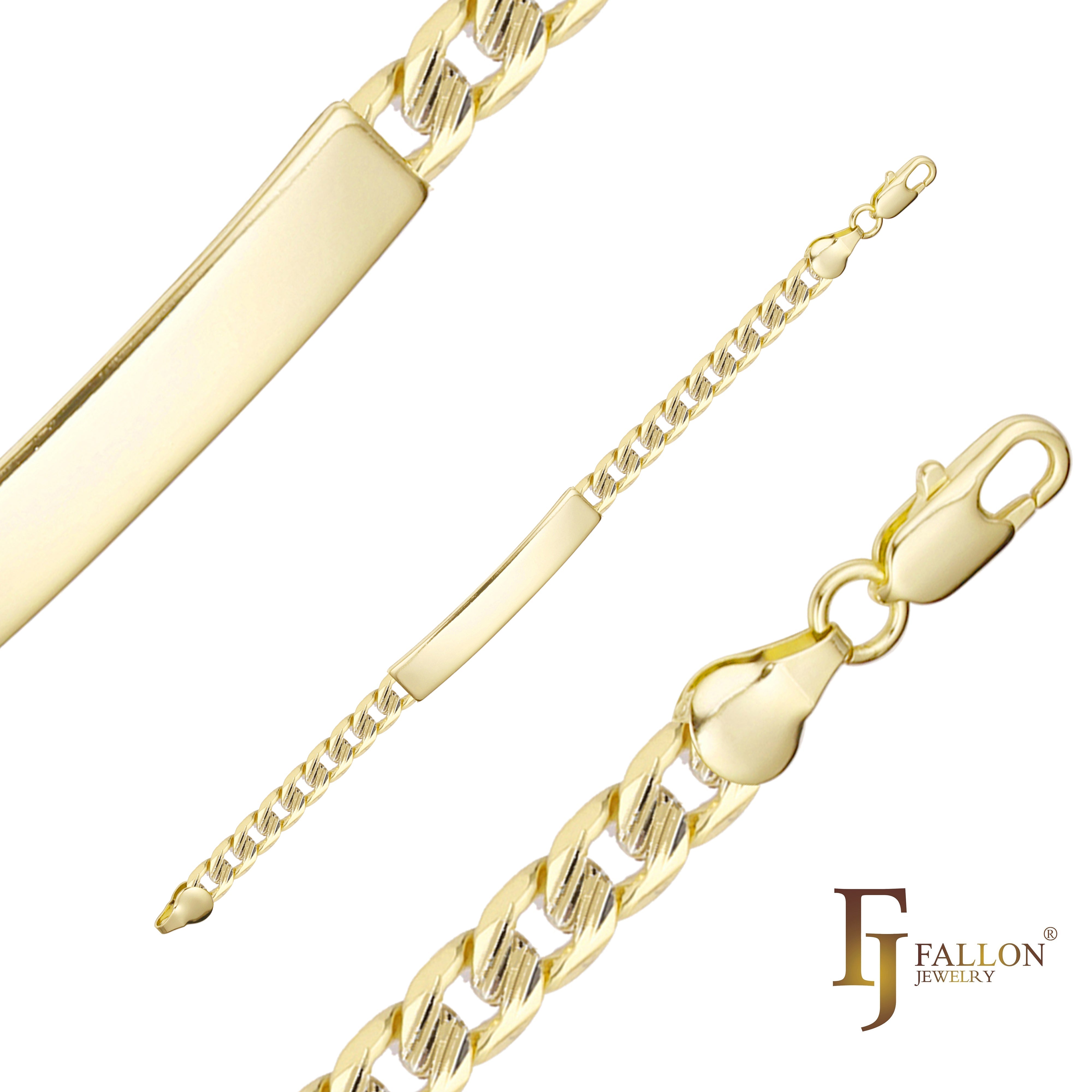 Pulseiras masculinas ID marteladas com elos curb banhadas a ouro 14K, duas cores de tom clth