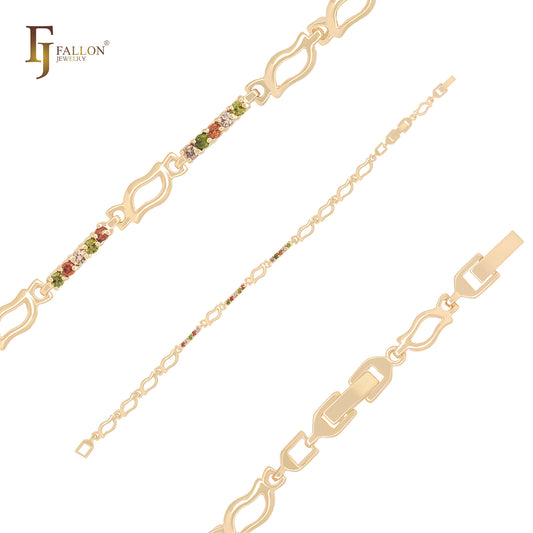Ovale Blätter aus gemischten bunten Zirkonia-Armbändern aus 14 Karat Gold