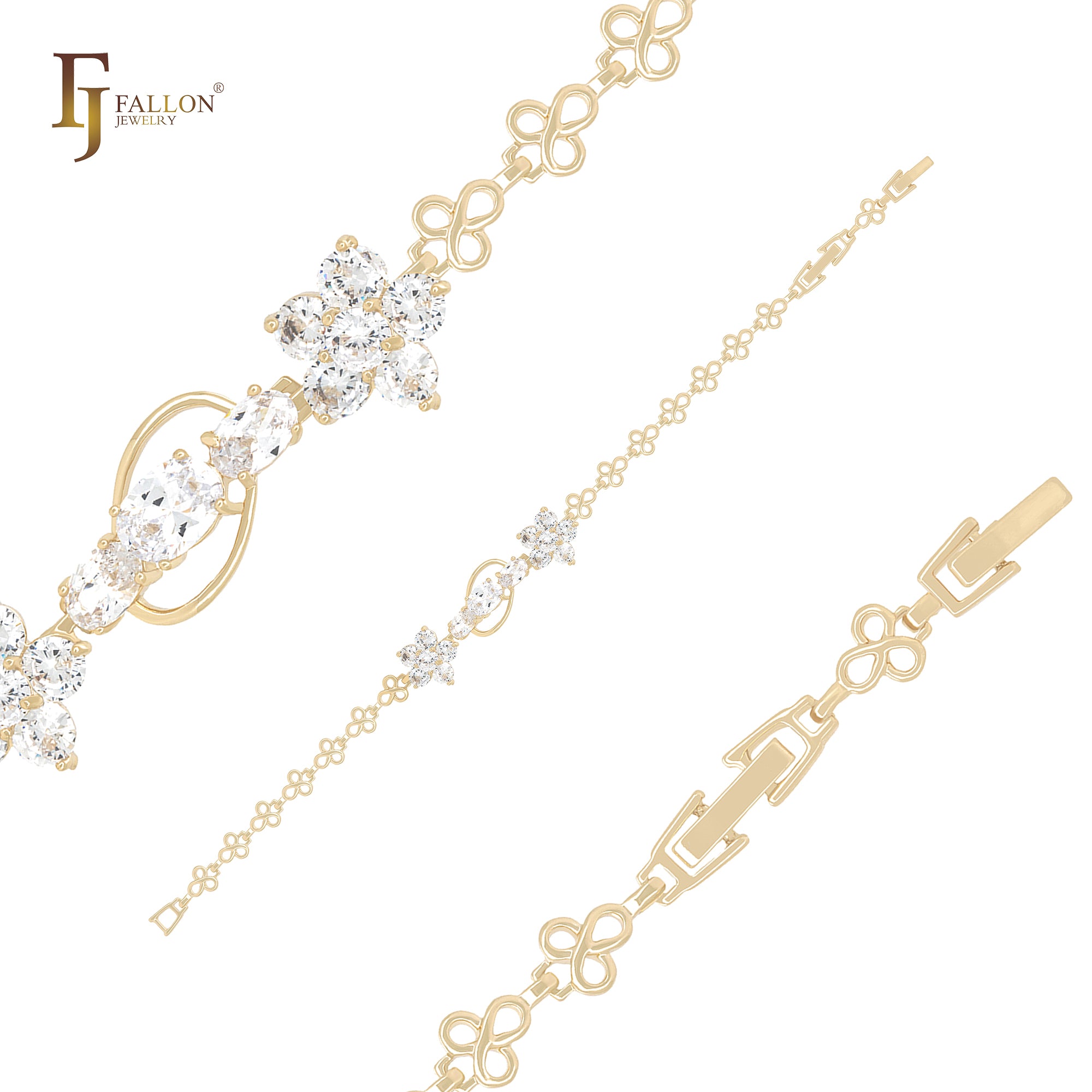 Wunderschöne Blume aus drei Blütenblättern und weißen Zirkonia-Clustern, 14 Karat Goldarmbänder