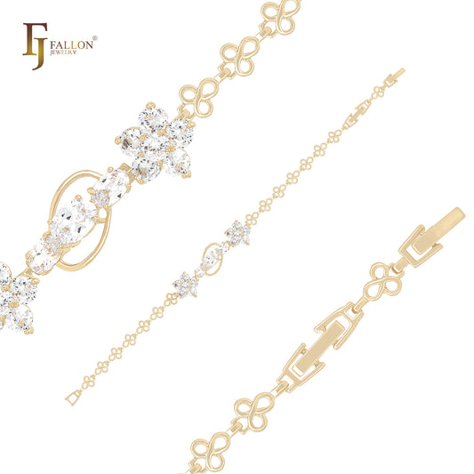 Wunderschöne Blume aus drei Blütenblättern und weißen Zirkonia-Clustern, 14 Karat Goldarmbänder