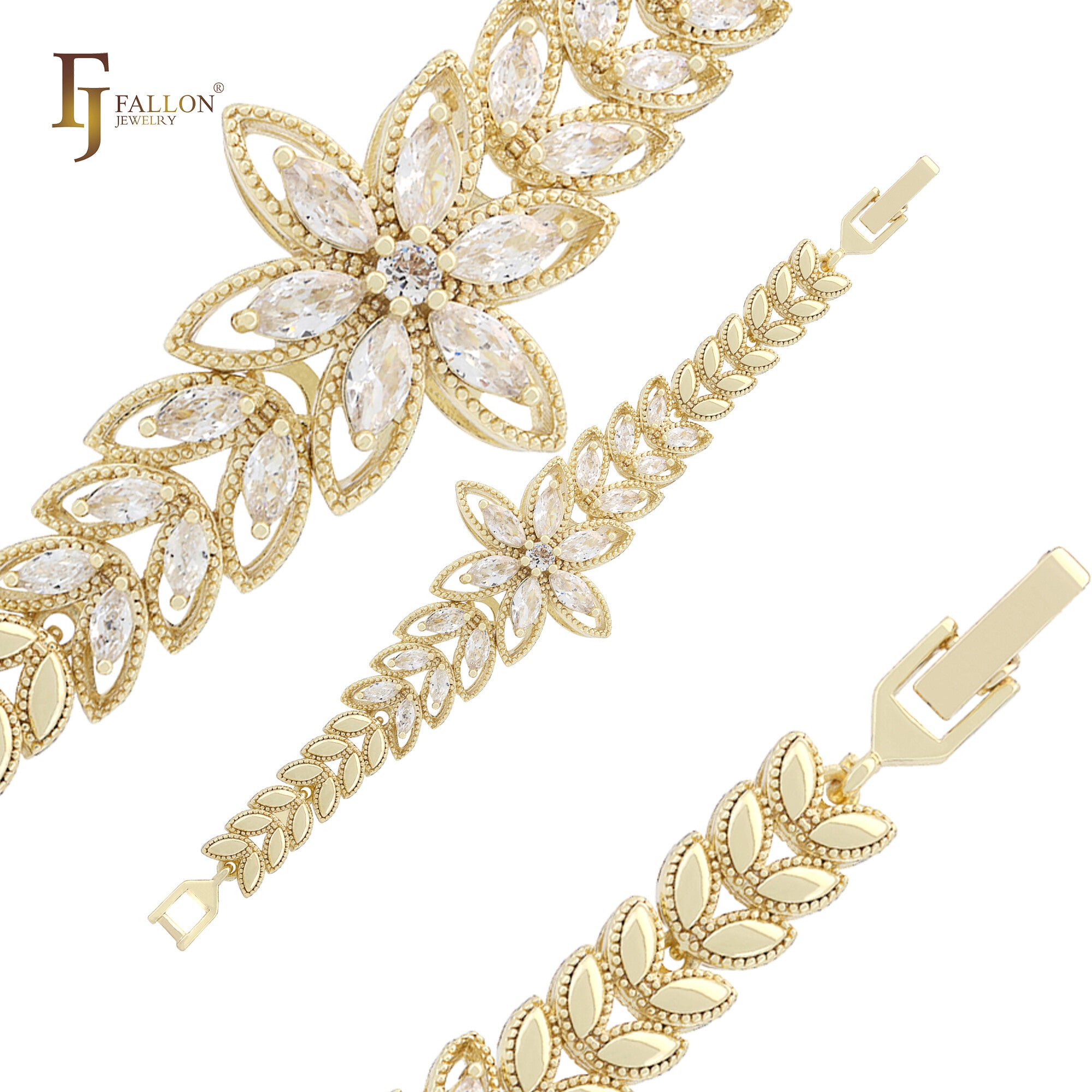 Pulseras lujosas de oro de 14 quilates con circonitas blancas y girasoles