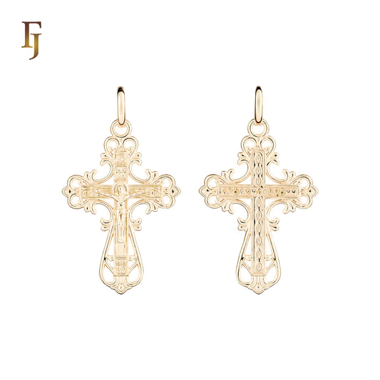 Colgante cruz católica con capullo en Oro 14K, Oro Rosa bicolor, baño de Oro Blanco en colores