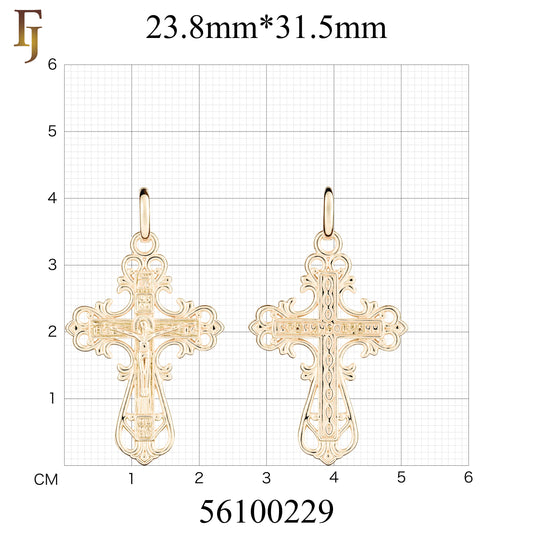 Colgante cruz católica con capullo en Oro 14K, Oro Rosa bicolor, baño de Oro Blanco en colores