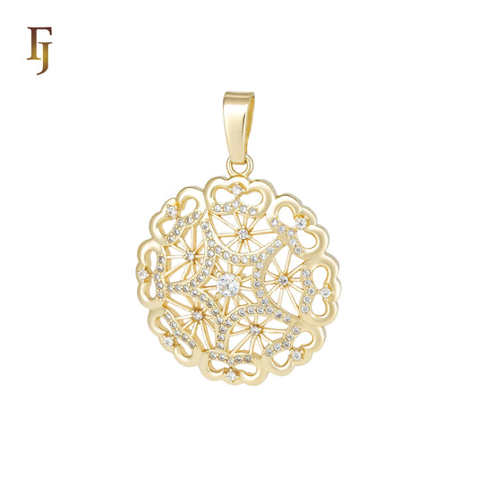 Heart snow flake white CZs 14K Gold Filigree Pendant