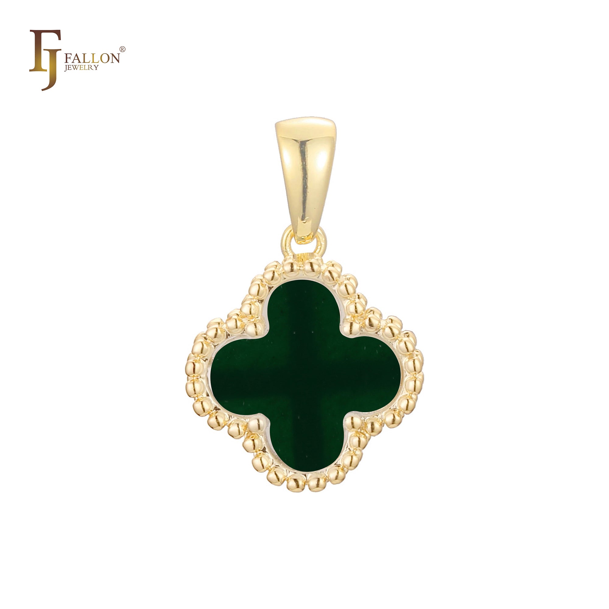 🔥 Clover-Shaped 12mm Colorful Onyx Pendant in Beaded Frame, 14K Gold, Rose Gold, White Gold Plated Brass | FJ Fashion Jewelry
