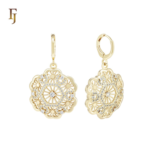 Six hearty Petals Snowflake of white CZs 14K Gold Huggie drop Earrings