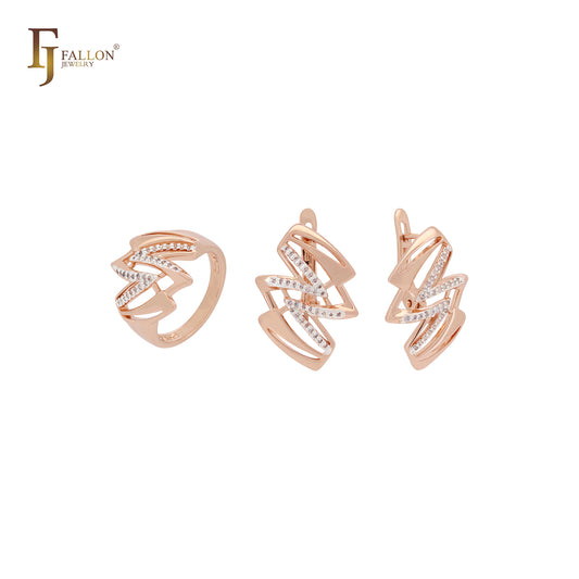 Conjunto de joyas en oro rosa de dos tonos con anillos y símbolo de rayo en zigzag de circonitas blancas