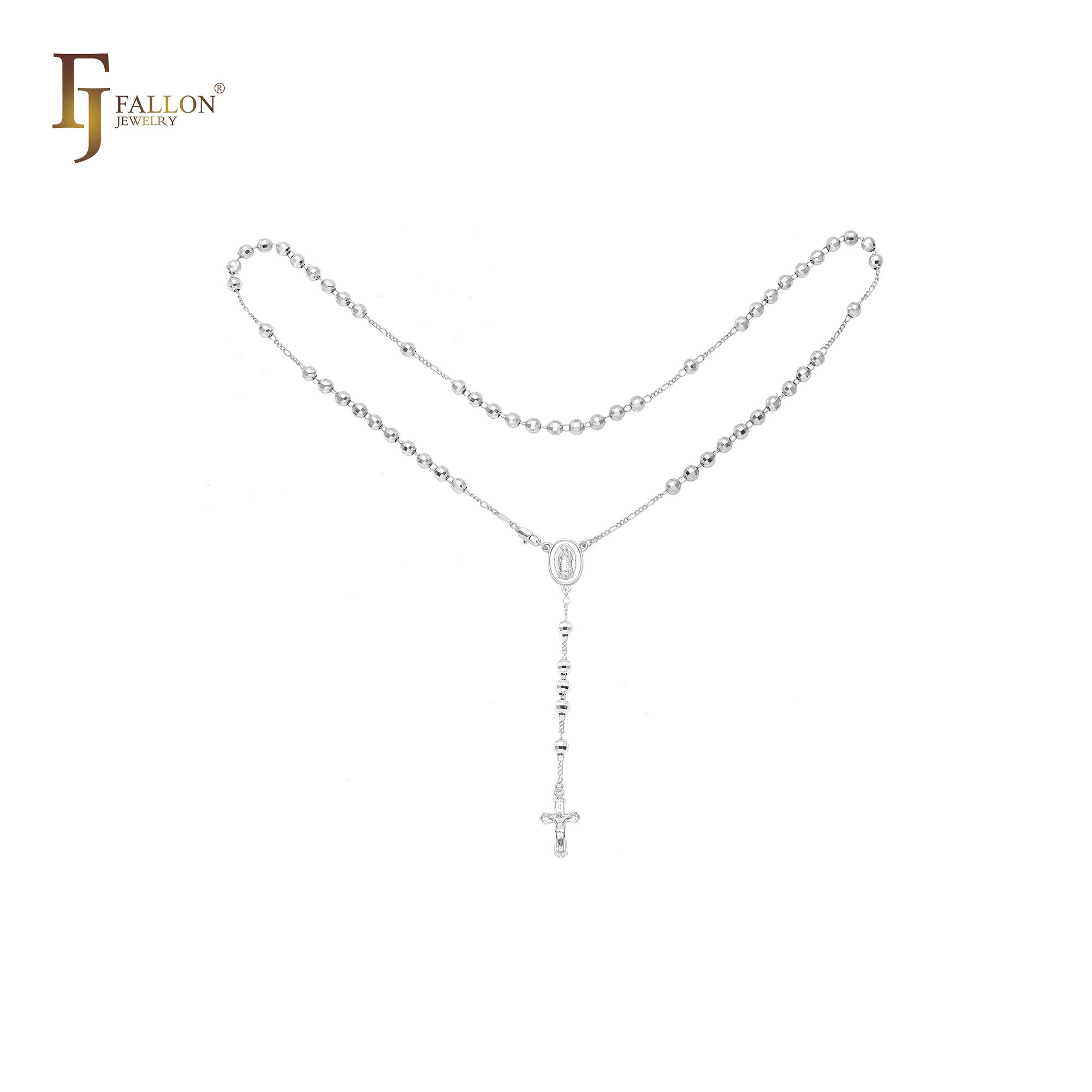 Italian Virgin of Guadalupe Catholic Rosary Necklace (Faceted Disco Beads) plated in 14K Gold, 14K Gold two tone