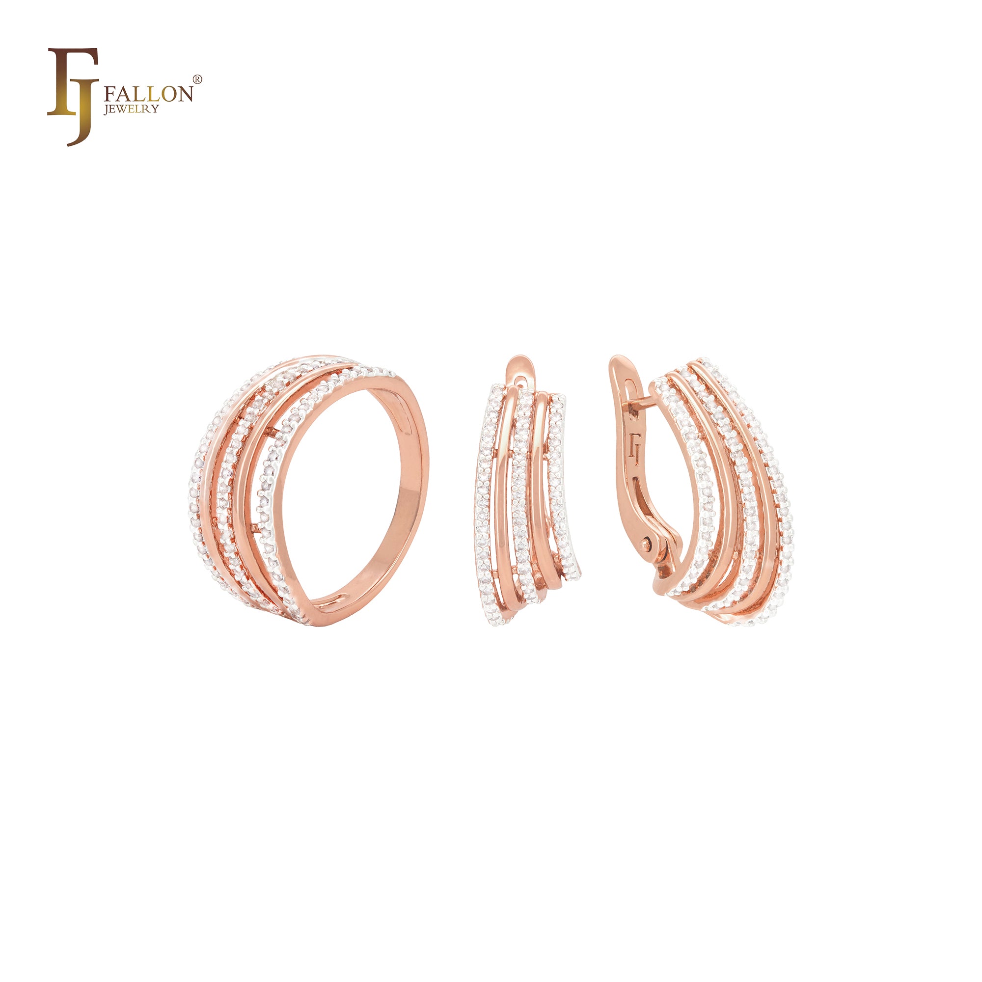 Conjunto de joyas de oro rosa en dos tonos con cinco filas de circonitas blancas geométricas