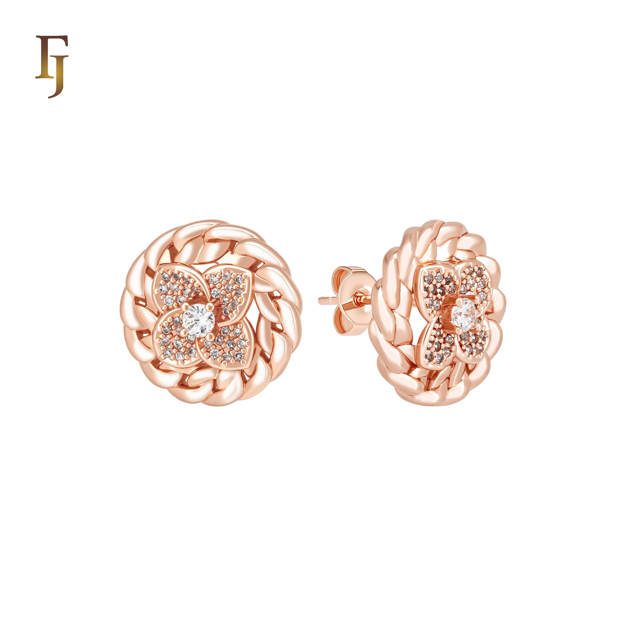 Rounded rope circle clover white CZs 14K Gold, Rose Gold Stud Earrings