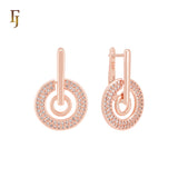 Double Circle of paved white CZs Rose Gold drop Russian Lock Earrings