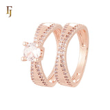Double Cross Paved white CZs 14K Gold, Rose Gold Wedding Set Rings
