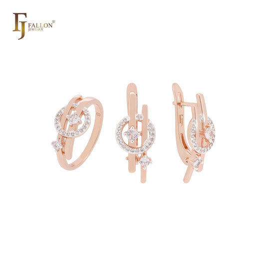 Conjunto de joyas de oro rosa de dos tonos con anillos y círculo de circonitas blancas entrelazadas.