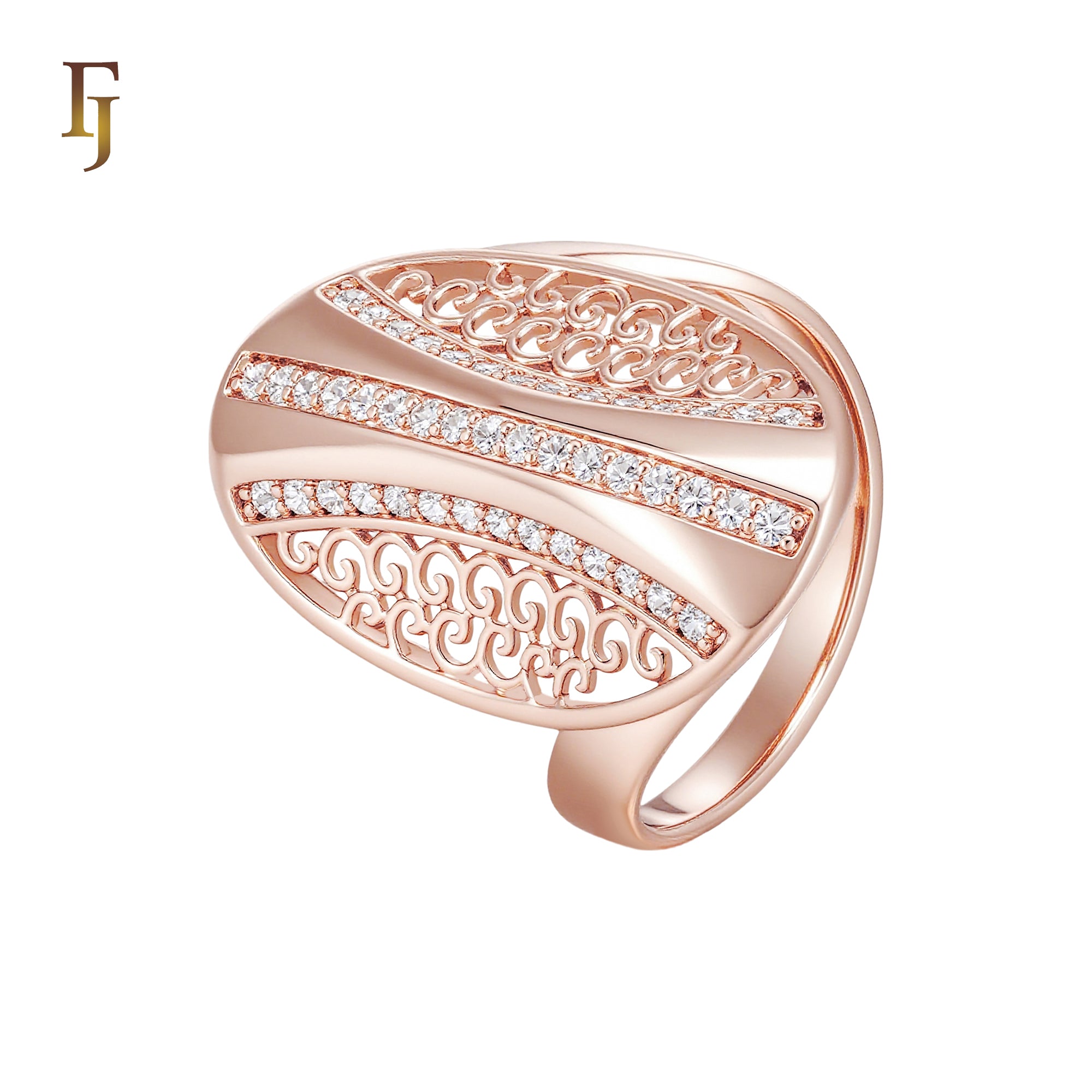 Oval Filigree of white CZs Rose Gold Fashion Rings
