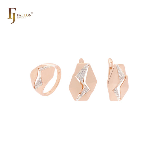 Conjunto de joyas de oro rosa de dos tonos con anillos y circonitas blancas hexagonales geométricas con símbolo de rayo