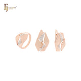 Conjunto de joyas de oro rosa de dos tonos con anillos y circonitas blancas hexagonales geométricas con símbolo de rayo