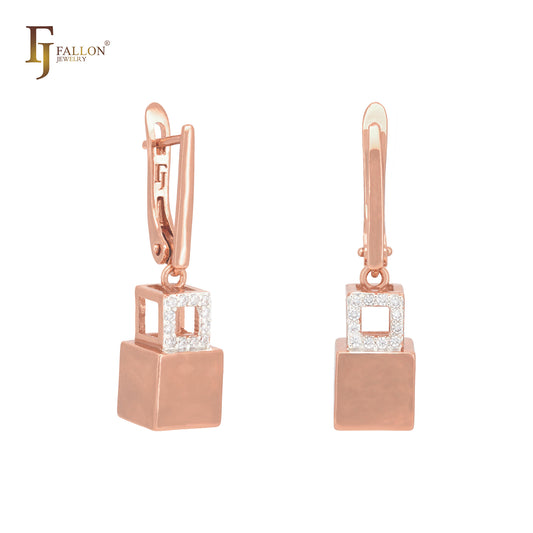 Серьги-клипсы из розового золота с полым кубом из белого фианита