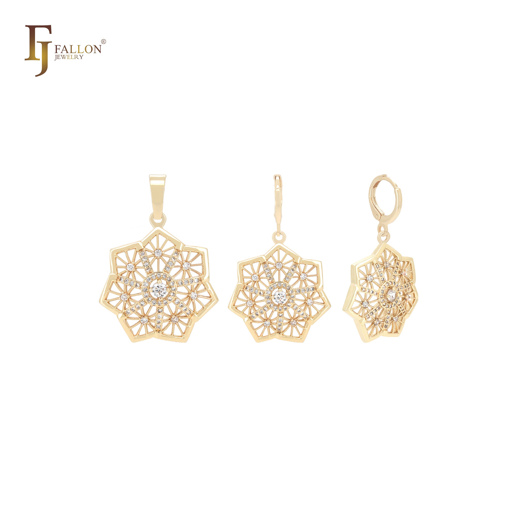 Conjunto de joyas de oro de 14 quilates con colgante y circonitas blancas en forma de copo de nieve y estrella heptágono
