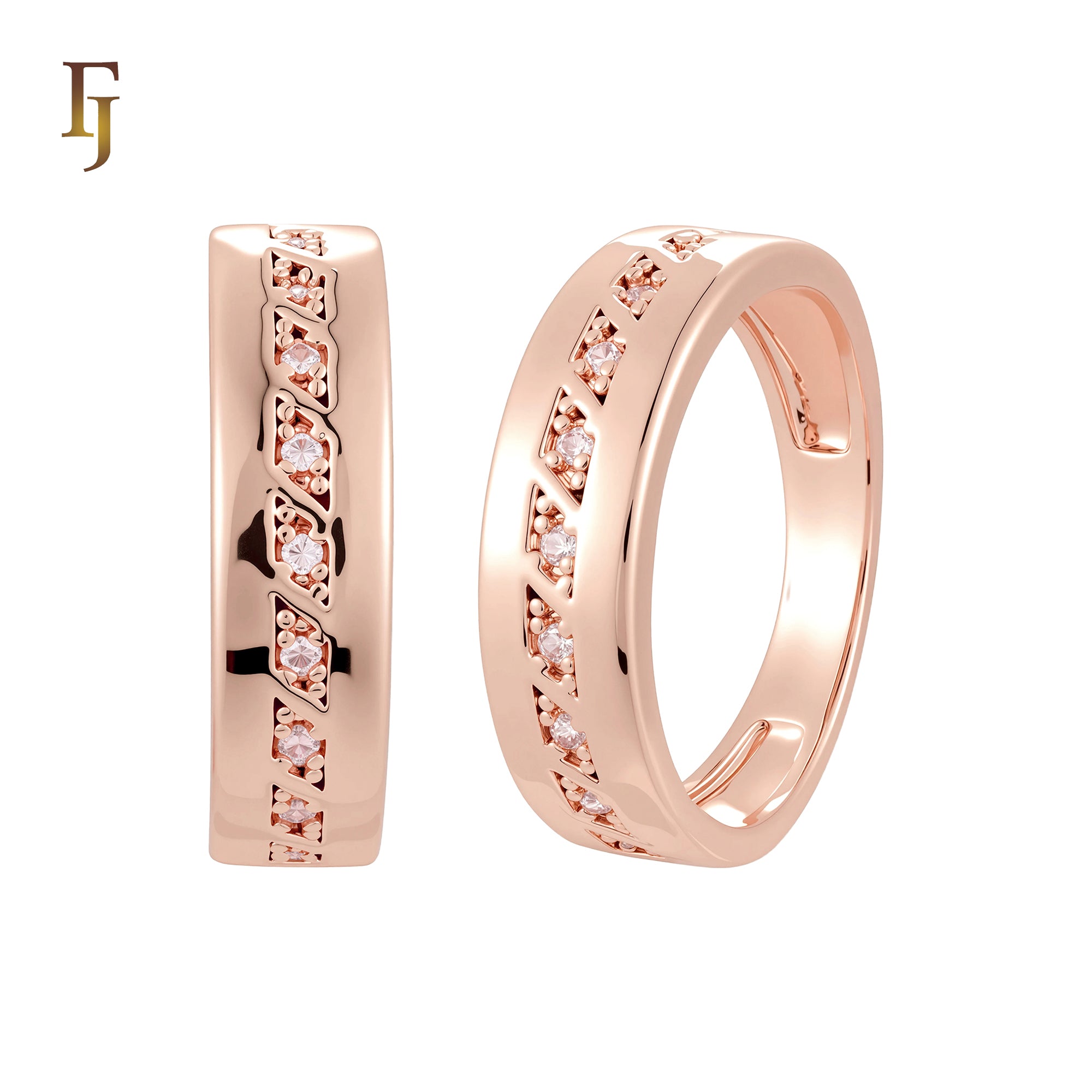Center partial squared white CZs 14K Gold, Rose Gold Wedding Set Rings Engagement and Band
