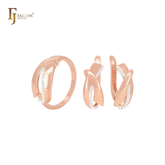 Conjunto de joyas de dos tonos en oro rosa con anillos y cintas entrelazadas de circonitas blancas