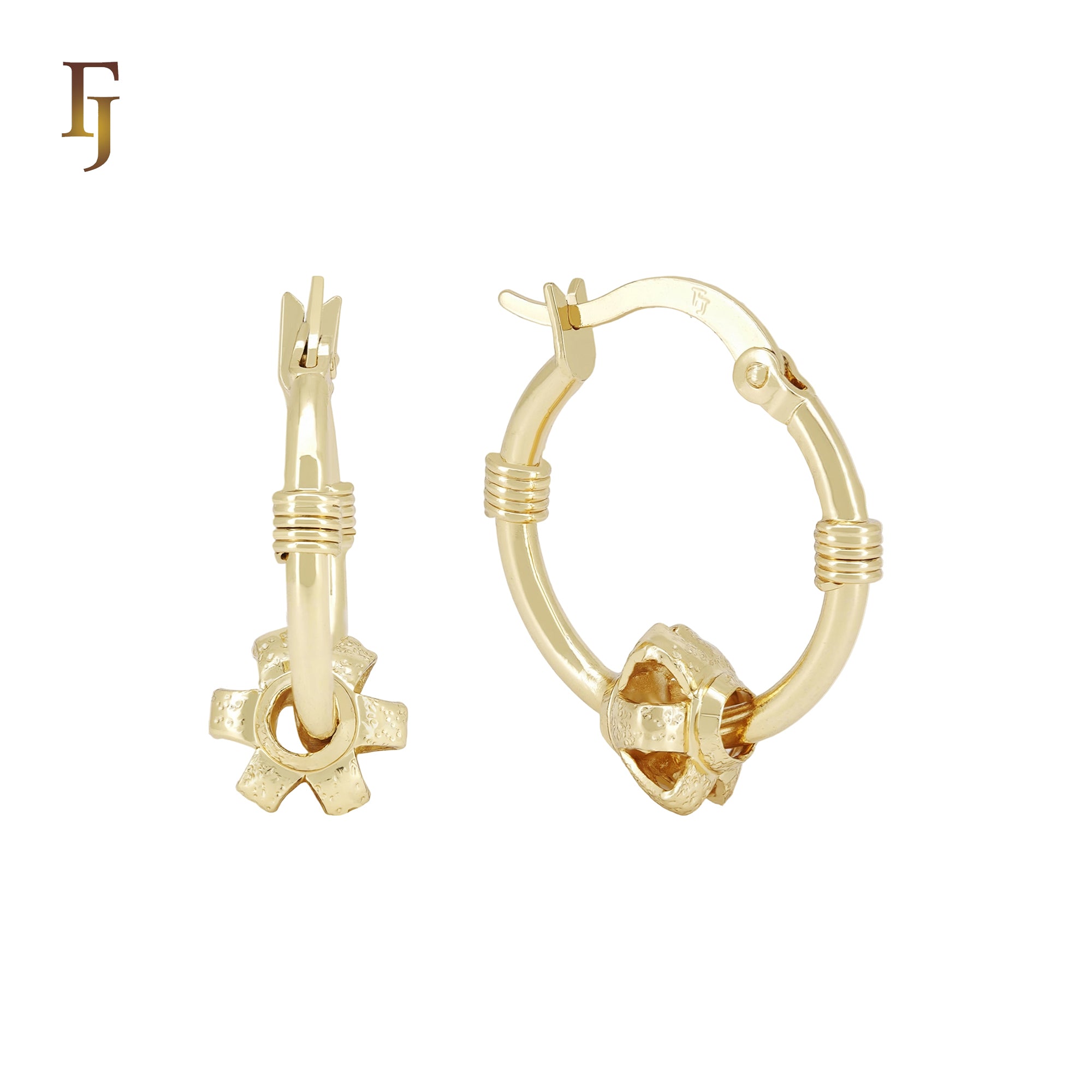 Gear shaped Beads 14K Gold Hoop Earrings