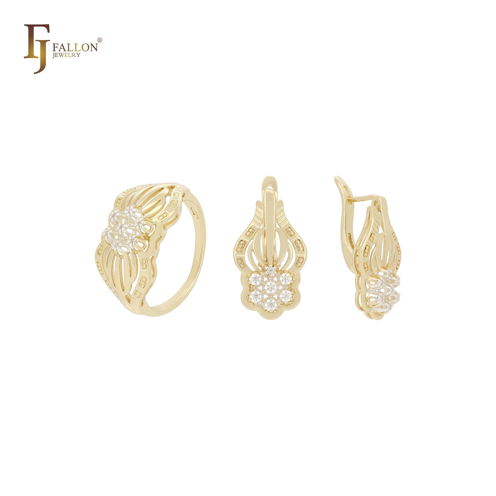 Комплект украшений из двухцветного золота 14 карат с белыми фианитами и кольцами