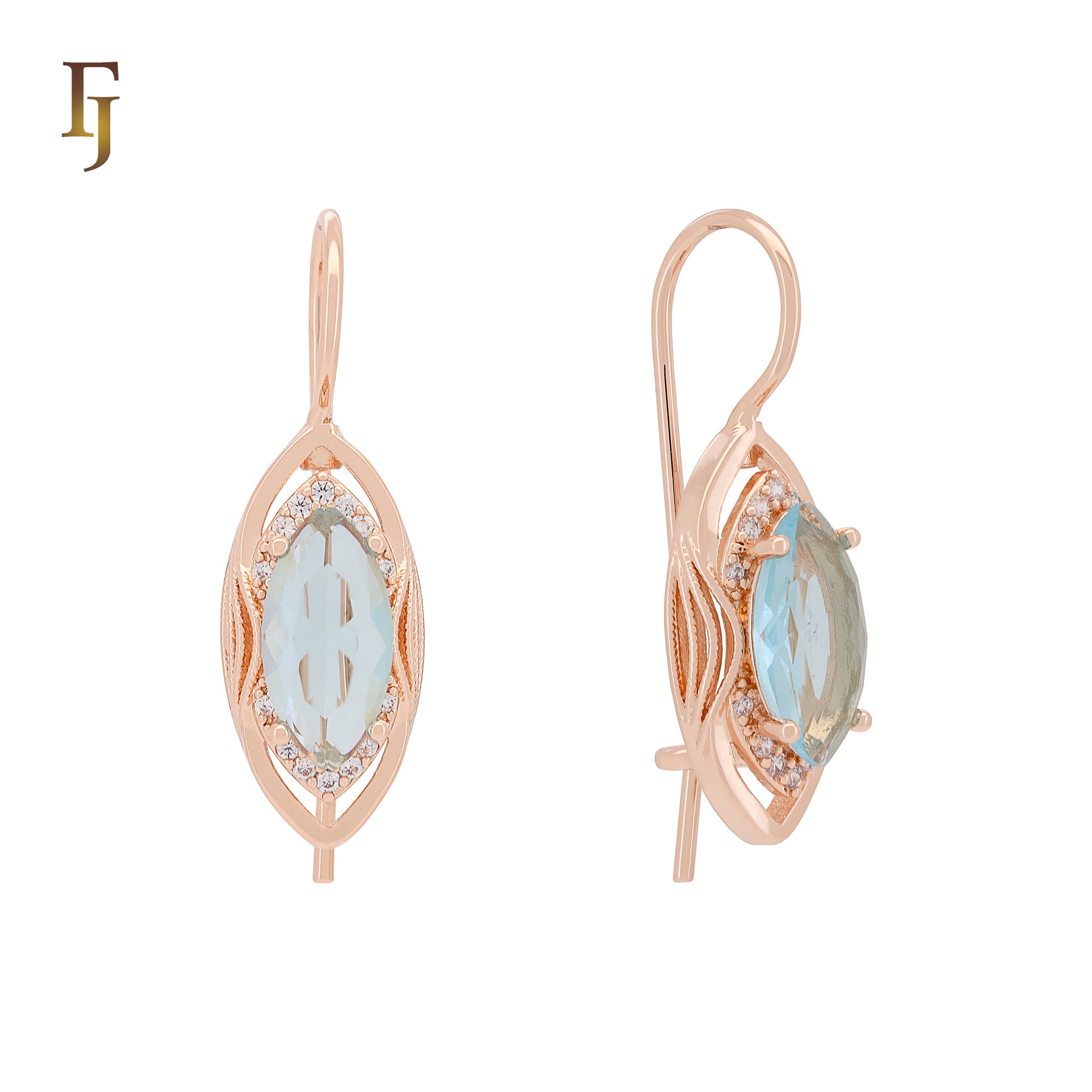 Rose Gold Wire Hook Earrings with Halo Zircon and Blue, Red, or Green Gem – 11×21.8mm | FJ Fallon Jewelry