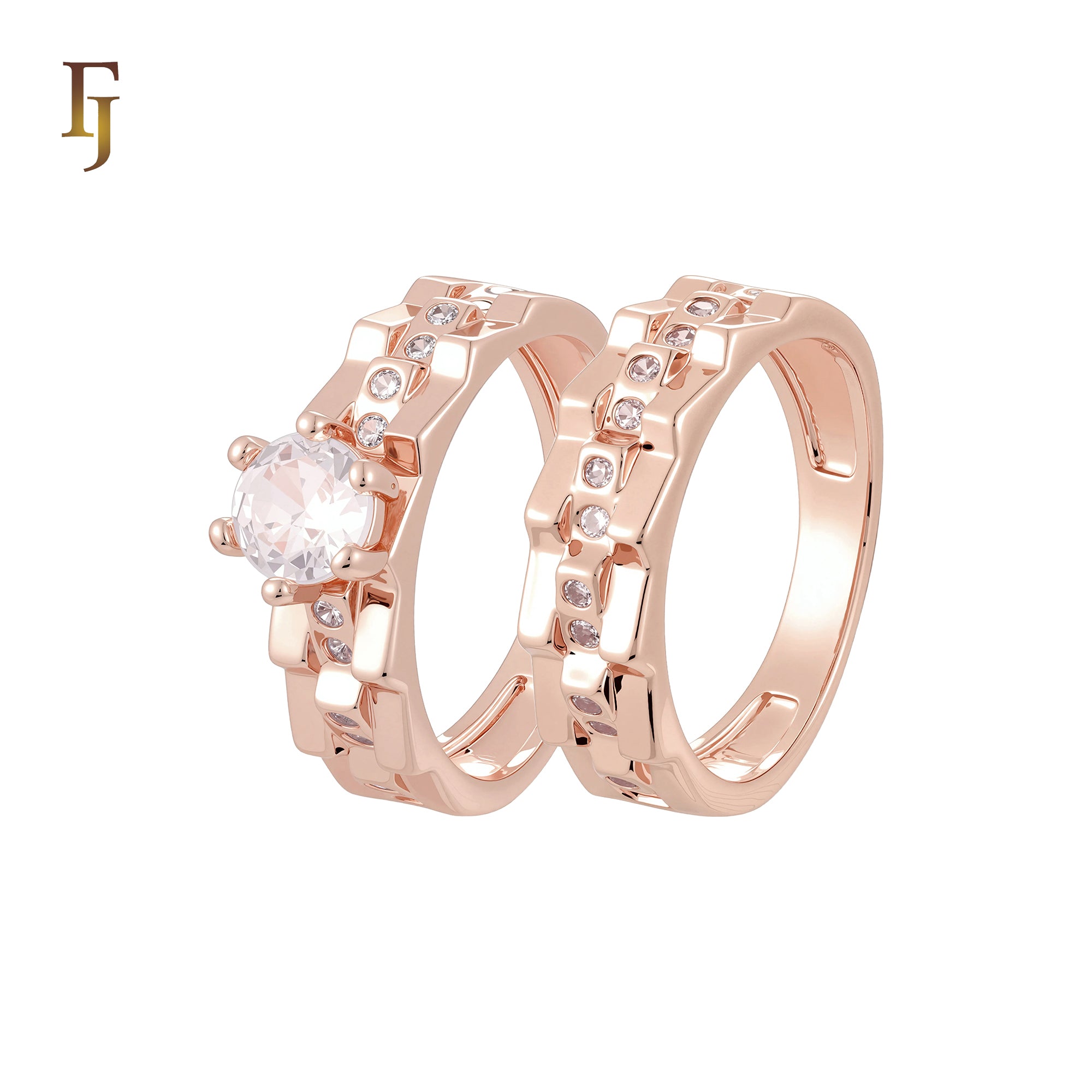 Double Tooth edged white CZs 14K Gold, Rose Gold Wedding Set Rings Engagement and Band