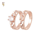 Double Tooth edged white CZs 14K Gold, Rose Gold Wedding Set Rings Engagement and Band