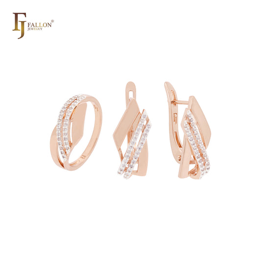 Conjunto de joyas de oro rosa de dos tonos con anillos y capas dobles geométricas de circonitas blancas