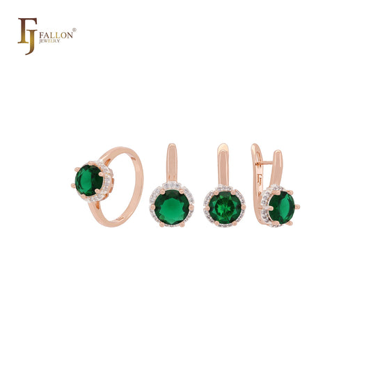 Solitaire Halo Großes, abgerundetes, buntes zweifarbiges Schmuckset aus Roségold mit Ringen und Anhänger