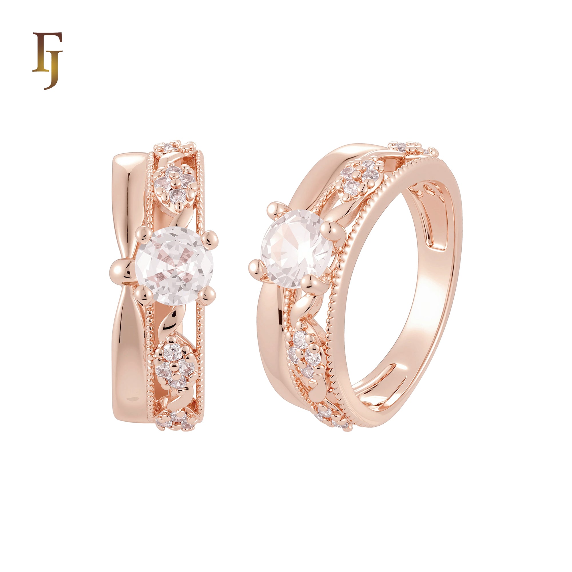 Leaves of white Czs cluster 14K Gold, Rose Gold Wedding Set Rings Engagement and Band