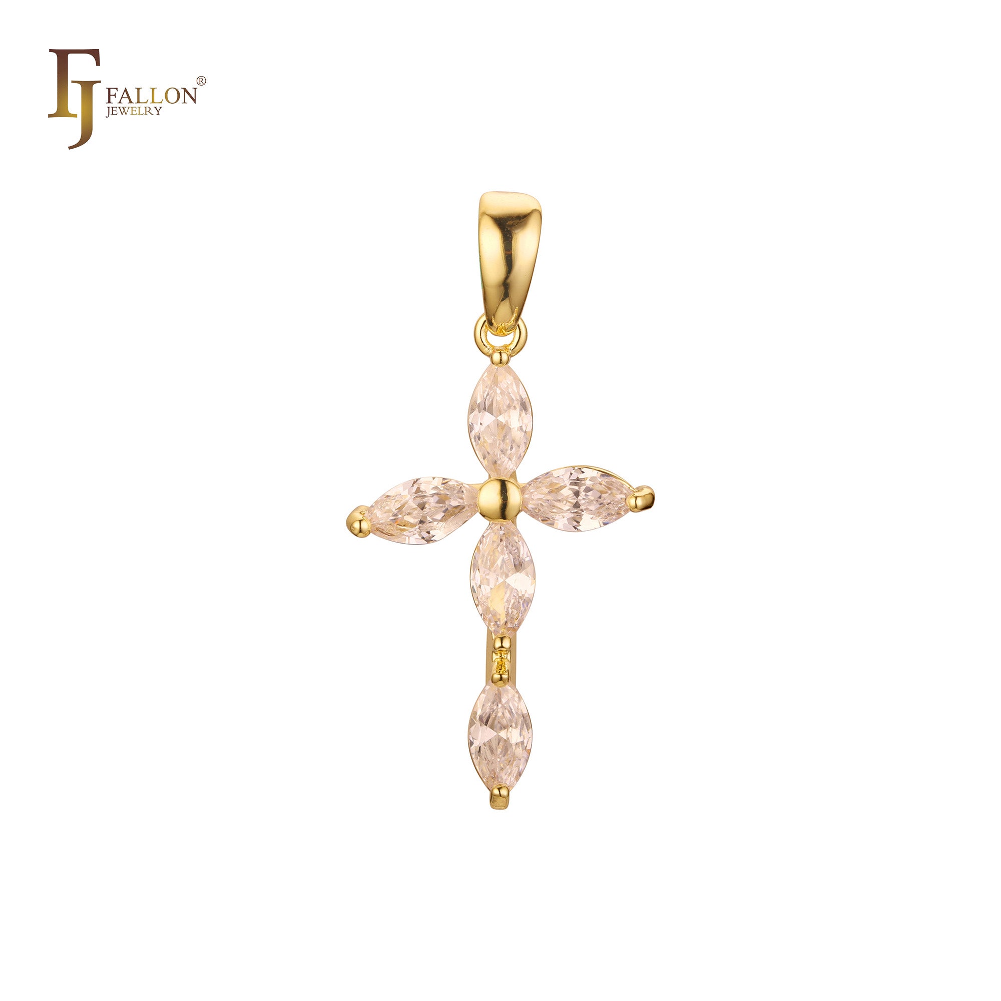 Cluster white CZs Rose Gold, 14K Gold Latin Cross Pendant
