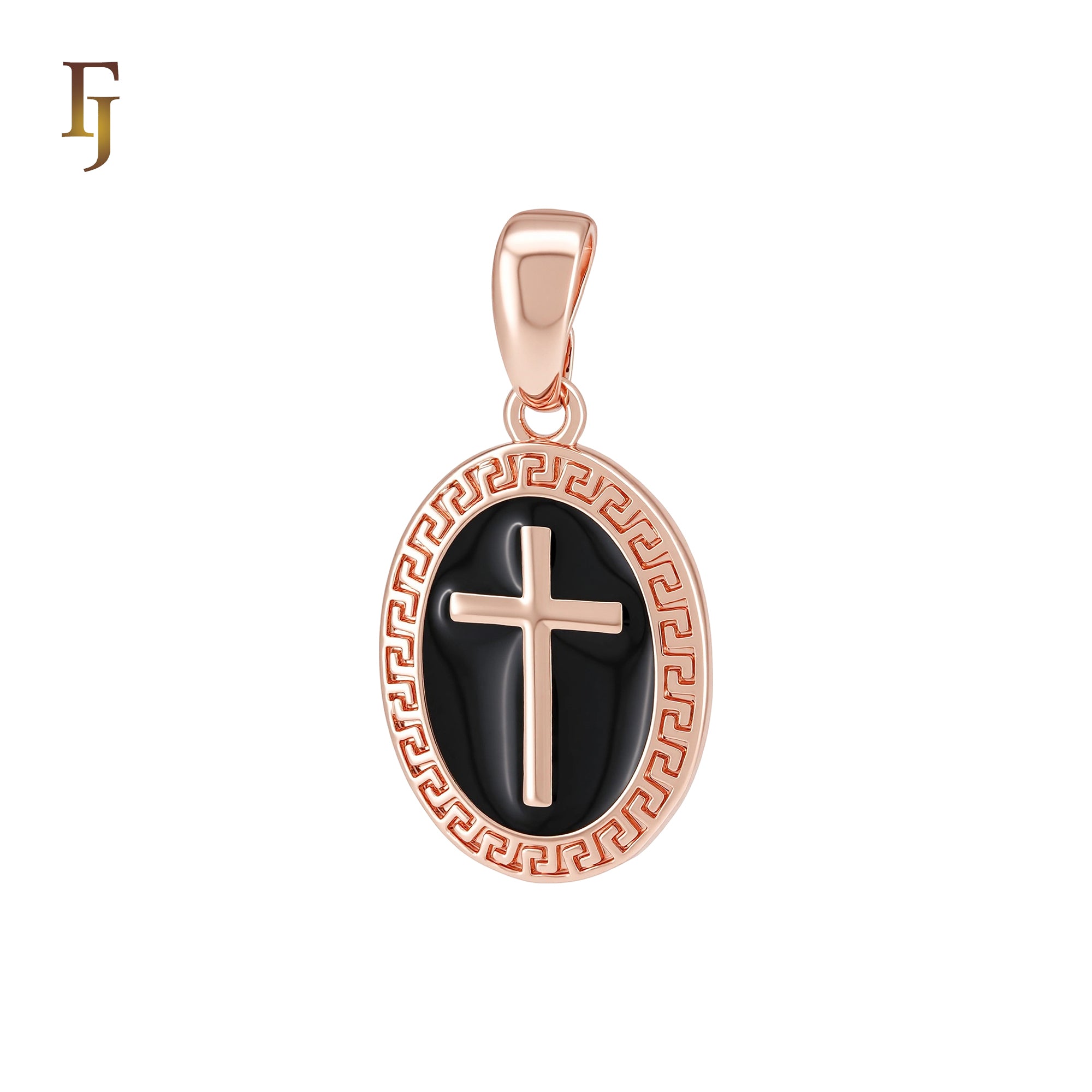 Greek key meander circled Black Onyx Latin Cross Christian Religious Rose Gold Cross Pendant