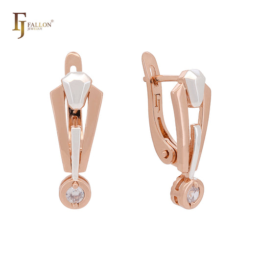 Pendientes de clip en dos tonos de oro rosa con circonita blanca y solitario con diseño de corbata