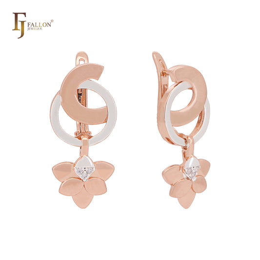 Pendientes de clip geométricos de oro rosa en dos tonos con doble flor de trébol